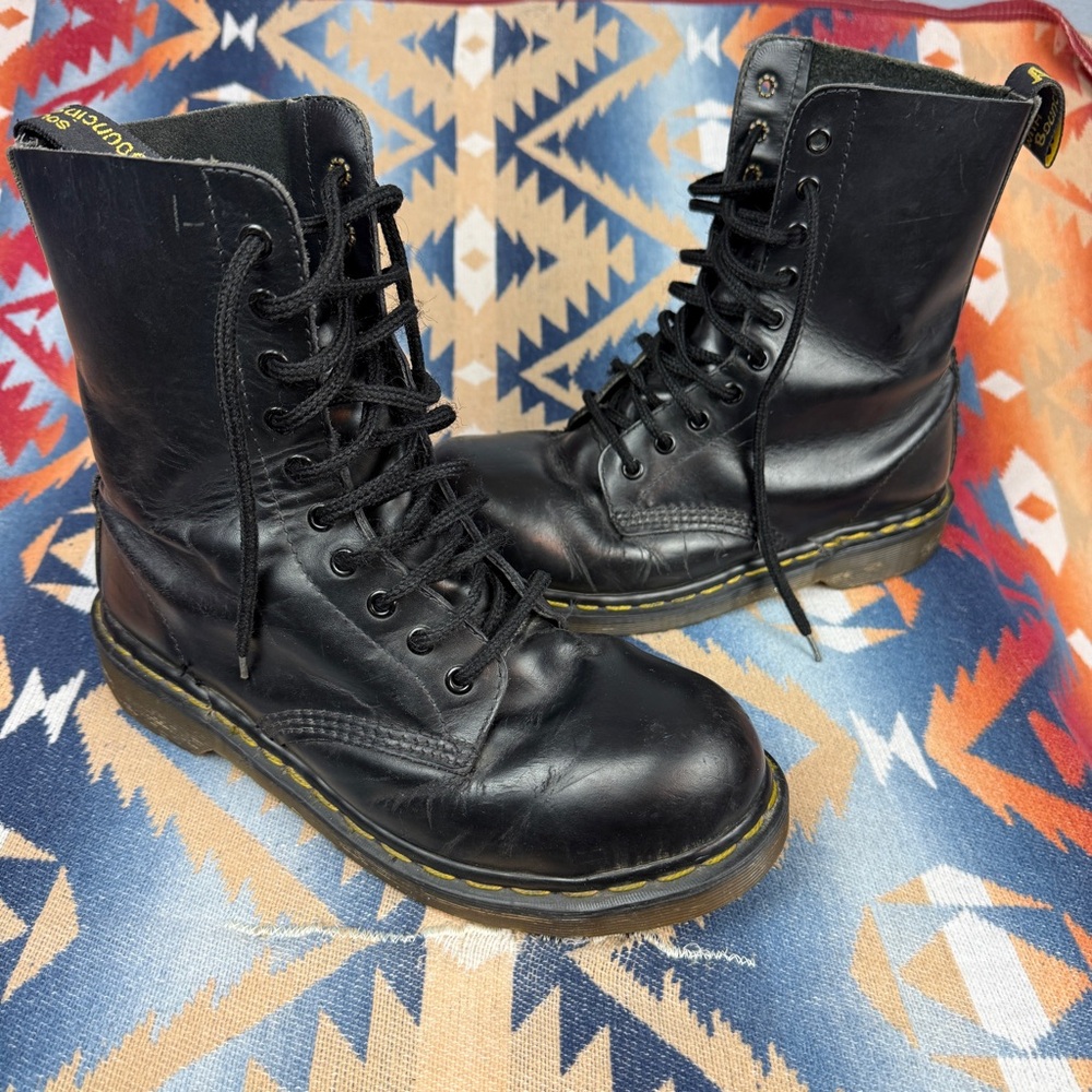Dr. Martens Black Leather 10-Eye Lace-Up Boots with Yellow Stitching 1490